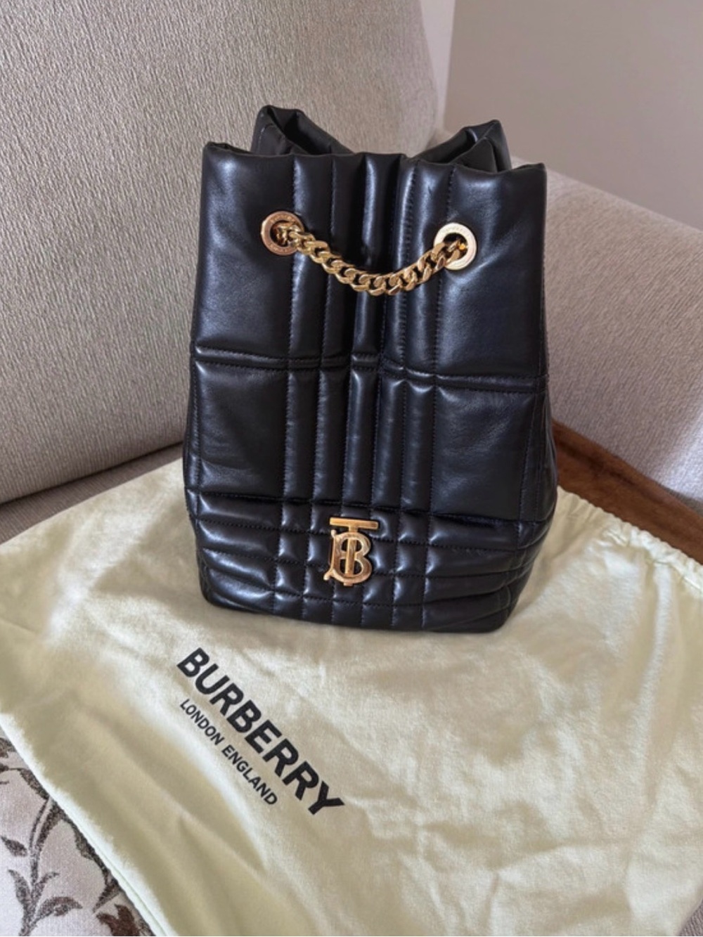 Burberry Black Quilted Leather TB Drawstring Shoulder Bag with Gold Chain